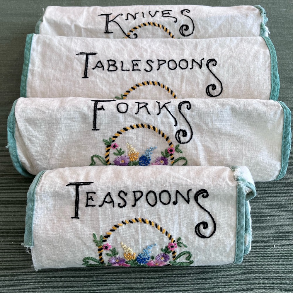 Retro Kitchen ~ Embroidered Flowers & Basket ~ Handmade 4 Utensil Rolls Holders